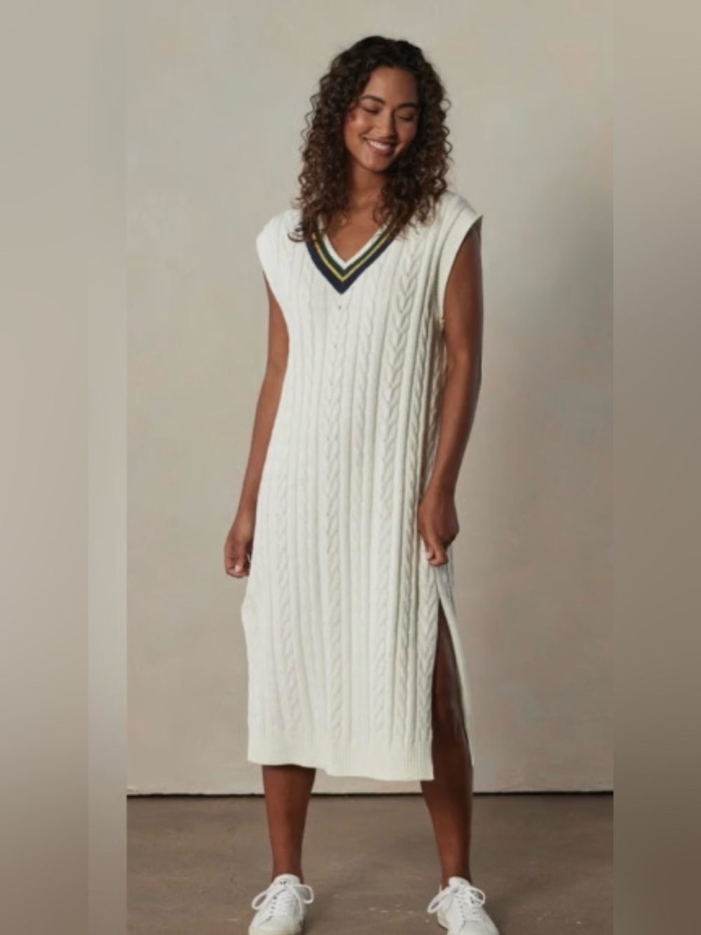 The normal brand Victoria V-Neck in Cream Sleeveless Cable Knit Midi Dress